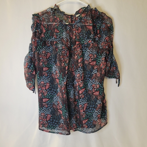 LOFT Blouse Top Women's Large Multi Tropical Print Ruffle - Picture 1 of 4